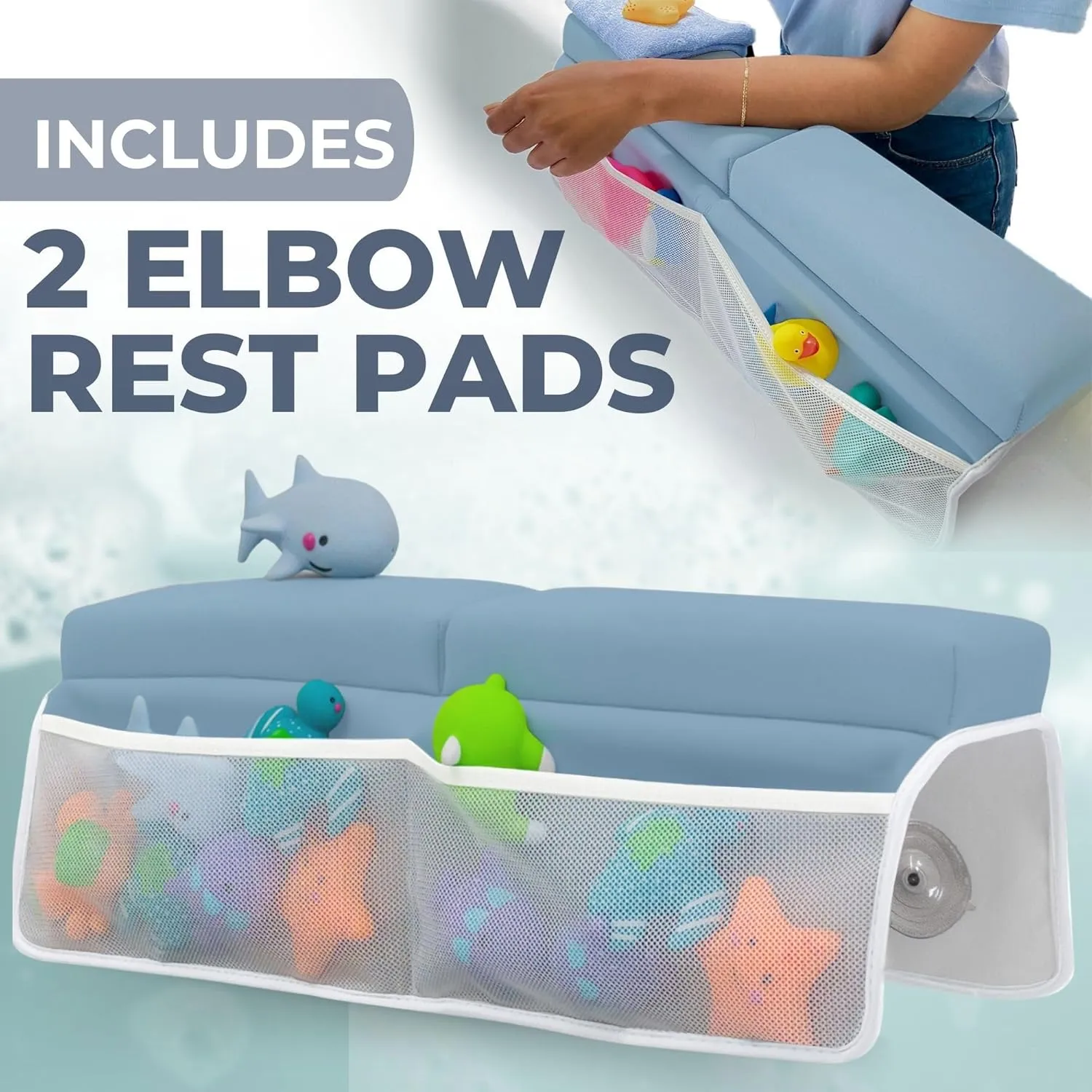 Baby Bath Kneeler and Elbow Rest Pad Set - Baby Bath Support for Knees and Elbows - Bath Kneeler Pad with Memory Foam and Bath Toys Organizer - Ideal Bath Kneeling Pad for Bathing Baby - Blue