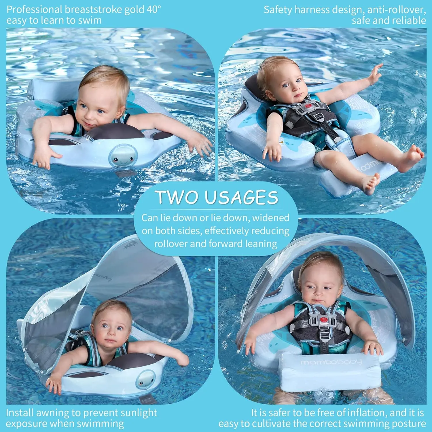 Baby Floats for Pool with Canopy Removable UPF 50  UV Sun Protection Canopy，Mambobaby Infant Pool Float Non Inflatable Soft Skin-Friendly Leather Material Infant Swim Float 3-24 Months