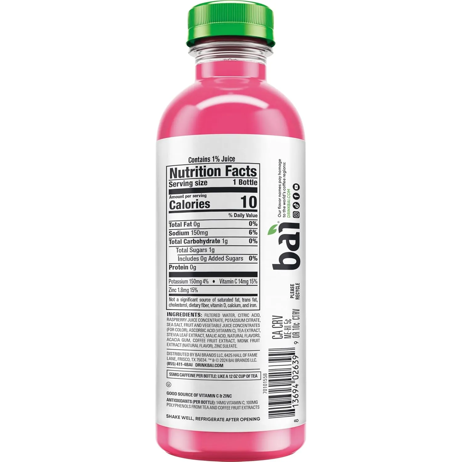 Bai Antioxidant Infused Water Beverage, Raspberry Lemon Lime, with Vitamin C and No Artificial Sweeteners, 18 Fluid Ounce Bottle, 12 Pack