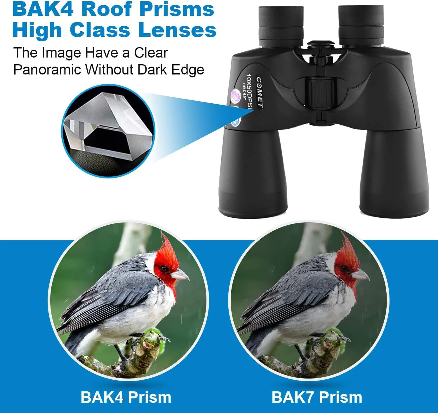 BAK4 Prism Binoculars - 10x50, Night Vision, Waterproof, Adults Bird Watching Travel Concert - FMC Lens, Case and Strap