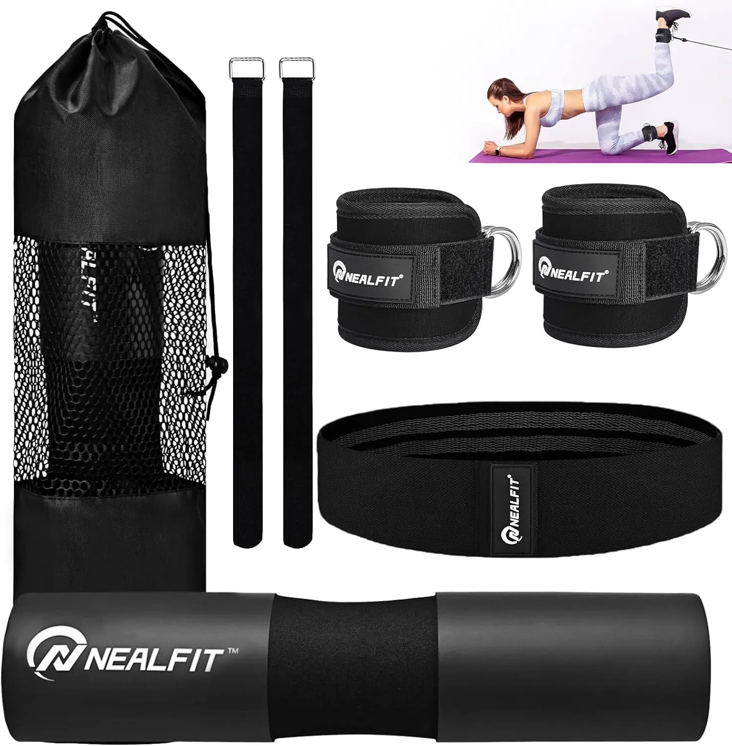 Barbell Pad Set for Squats, Lunges and Hip Thrusts, Neck & Shoulder Protective Pad, Standard Olympic Bars with 2 Gym Ankle Straps, Hip Resistance Band, Barbell Pad, Carry Bag