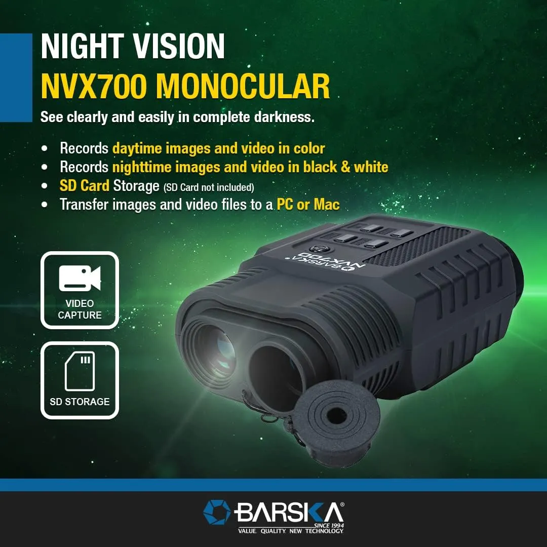 BARSKA NVX700 Night Vision Digital Monocular – 9X Magnification, 2.6X Digital Zoom, 656ft Night Viewing, Color Daytime Recording, B&W Night Video, USB/AV Output, Tripod Mount, Hard Case Included