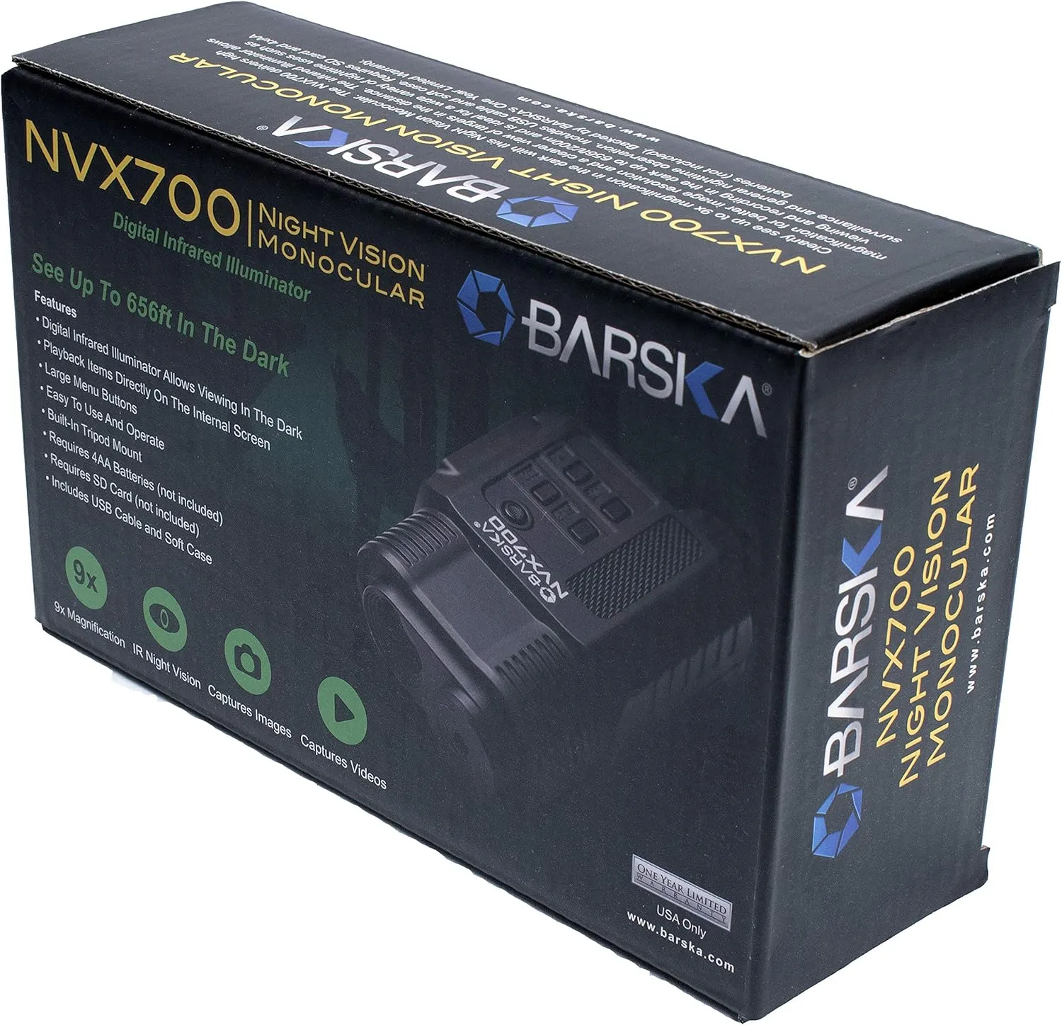 BARSKA NVX700 Night Vision Digital Monocular – 9X Magnification, 2.6X Digital Zoom, 656ft Night Viewing, Color Daytime Recording, B&W Night Video, USB/AV Output, Tripod Mount, Hard Case Included