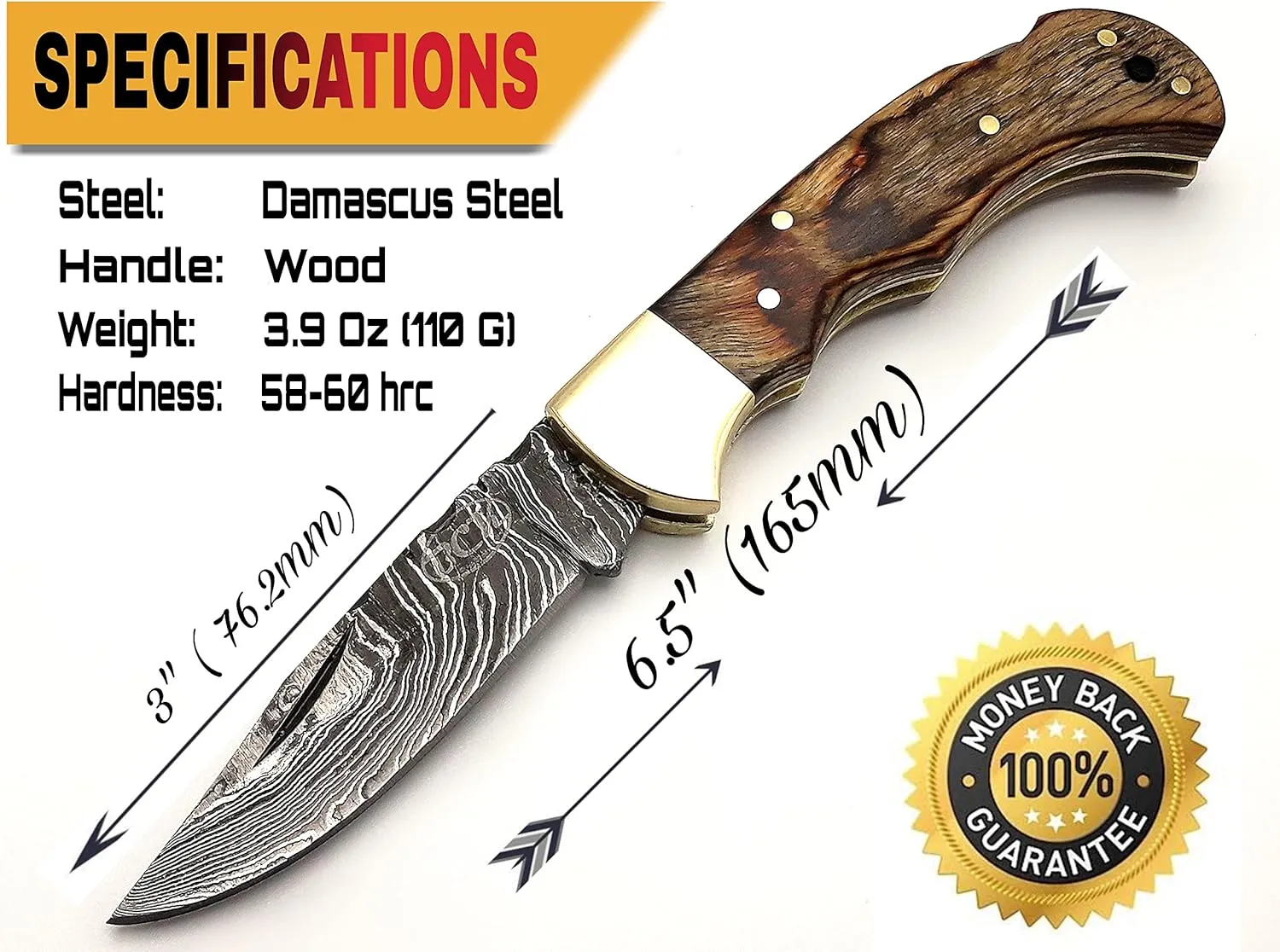 BCK Pocket Knife 4 Pcs Set 6.5" Handmade Damascus Folding Knife Back lock knife Damascus Hunting Knife with Sheath Damascus Pocket Knife for men 100% Prime Quality camping Knife (Brown Wood)