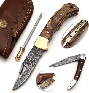 BCK Pocket Knife 4 Pcs Set 6.5" Handmade Damascus Folding Knife Back lock knife Damascus Hunting Knife with Sheath Damascus Pocket Knife for men 100% Prime Quality camping Knife (Brown Wood)