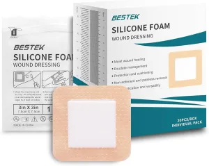 BESTEK Silicone Foam Dressing with Border Adhesive, Waterproof Wound Dressing Bandage, High Absorbency Wound Pad for Surgical Wounds, Cuts, Abrasions, Silicone Wound Bandage (3''x3'' (Pack of 20))