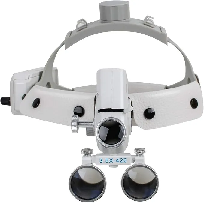 BONEW Headband 3.5X-420mm Magnification Binocular Loupes with 5W Adjustable Headband Lamp Jeweler or Hobby Adjustable Pupil Distance Brightness Head Circumference (Silver)
