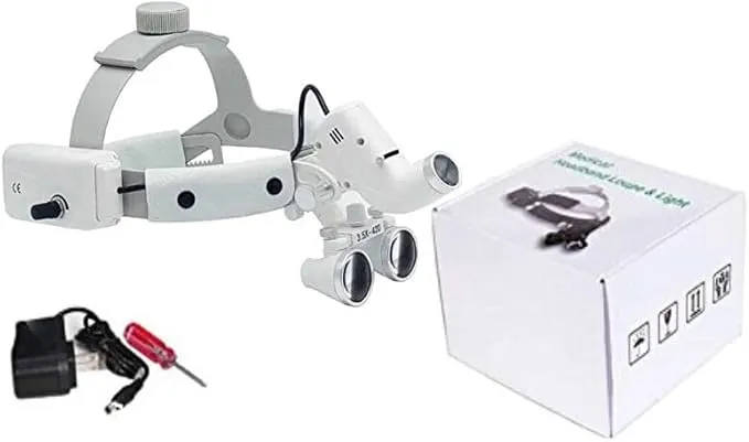 BONEW Headband 3.5X-420mm Magnification Binocular Loupes with 5W Adjustable Headband Lamp Jeweler or Hobby Adjustable Pupil Distance Brightness Head Circumference (Silver)