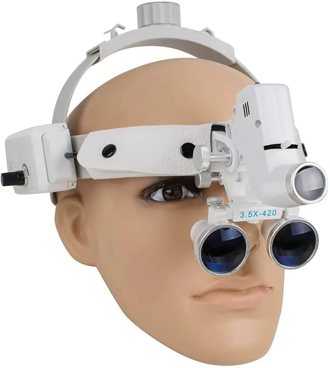 BONEW Headband 3.5X-420mm Magnification Binocular Loupes with 5W Adjustable Headband Lamp Jeweler or Hobby Adjustable Pupil Distance Brightness Head Circumference (Silver)