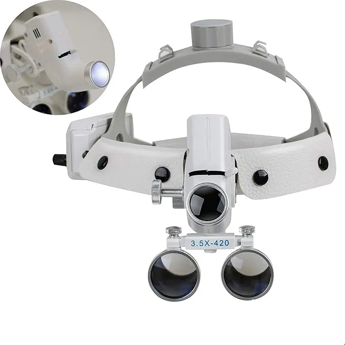 BONEW Headband 3.5X-420mm Magnification Binocular Loupes with 5W Adjustable Headband Lamp Jeweler or Hobby Adjustable Pupil Distance Brightness Head Circumference (Silver)