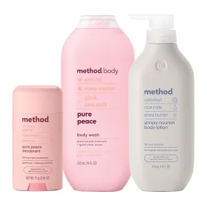 Bundle of Method Pure Peace Body Wash, 18 oz (Pack of 1)   Method Pure Peace Deodorant, 2.65 oz (Pack of 1)   Method Simply Nourish Body Lotion, 14 oz (Pack of 1)