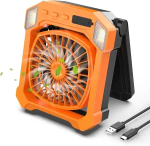 Camping Fan Solar Powered, Portable Solar Fan 10000mAh USB Rechargeable Battery Operated with Light, Quiet Outdoor Fans for Tent, RV, Emergency, Hiking, Power Outage, Desk, Greenhouse, Survival Kit