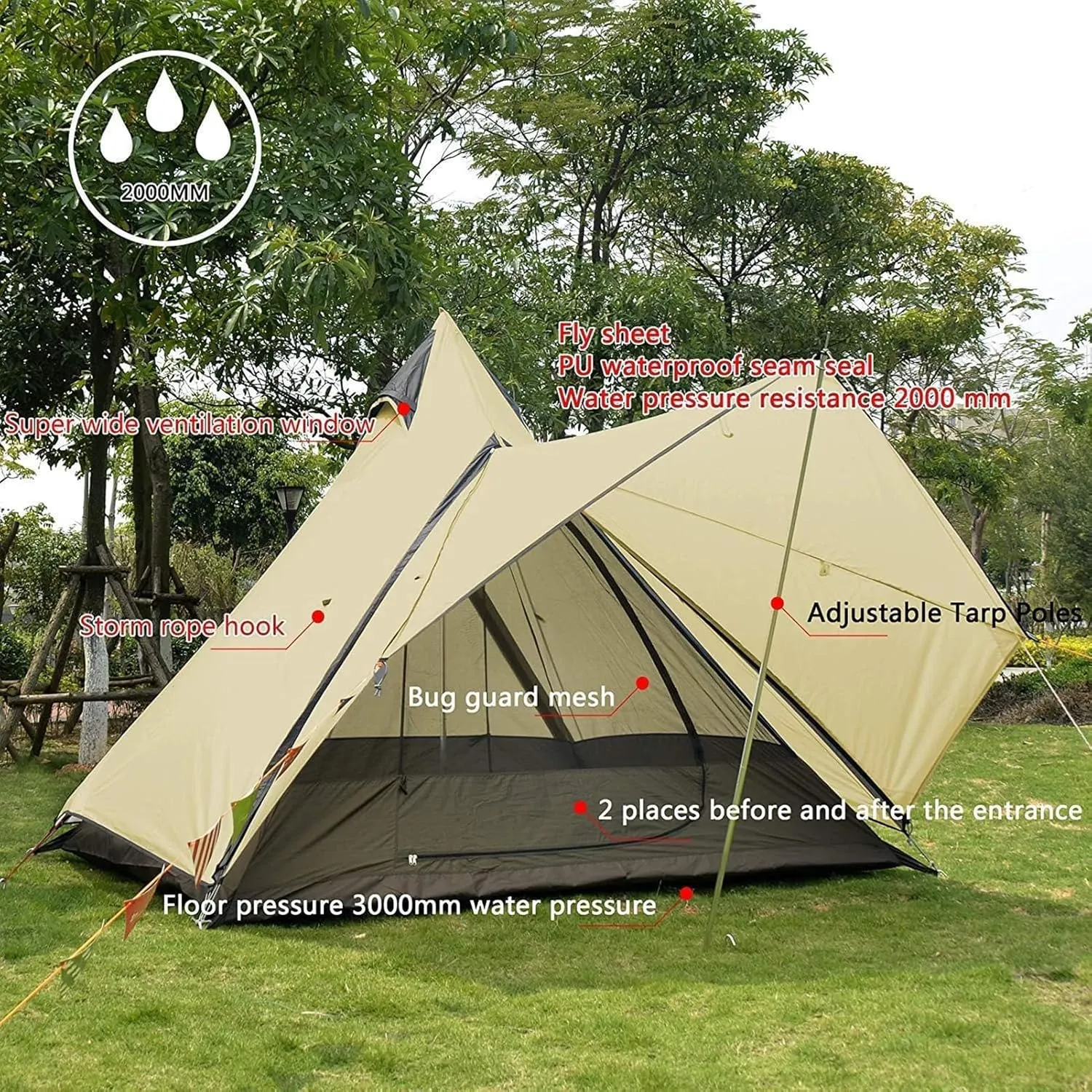 Camping Pyramid Tipi Tent Adult Indian Teepee Tent Yurt Tent Double Layers Tents for Outdoor Camping Hiking Hunting 2 Person, 260x210x200cm, Black