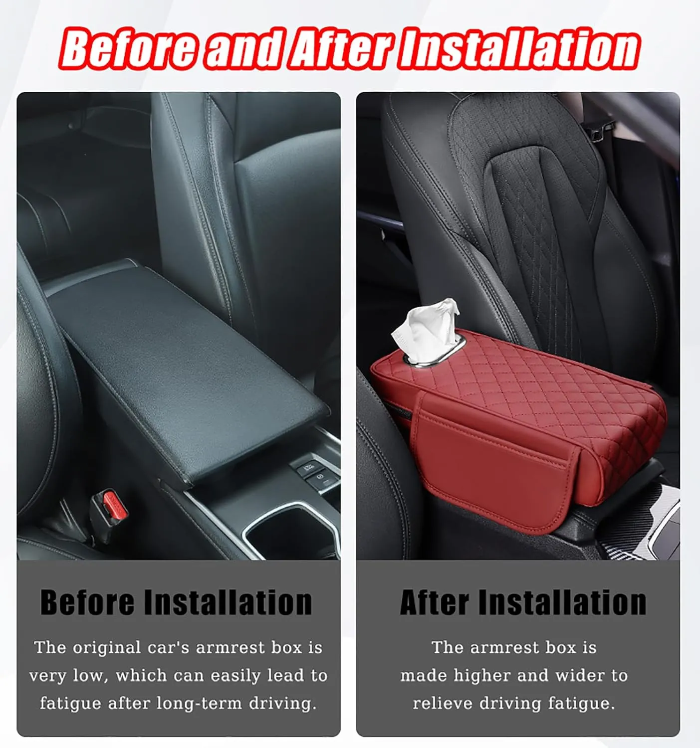 Car Center Console Cover for Renault Scenic/Grand Scénic/Xmod IV III II I J9 R9 JZ JM JA, Leather Car Armrest Cover with Tissue Box, Center Console Armrest Cushion,F Red