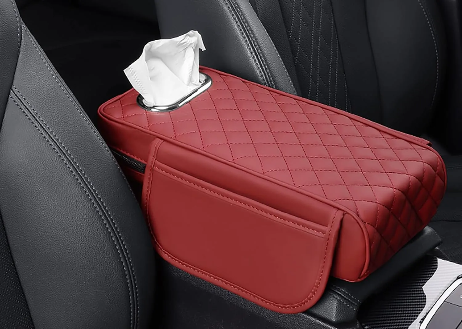 Car Center Console Cover for Renault Scenic/Grand Scénic/Xmod IV III II I J9 R9 JZ JM JA, Leather Car Armrest Cover with Tissue Box, Center Console Armrest Cushion,F Red