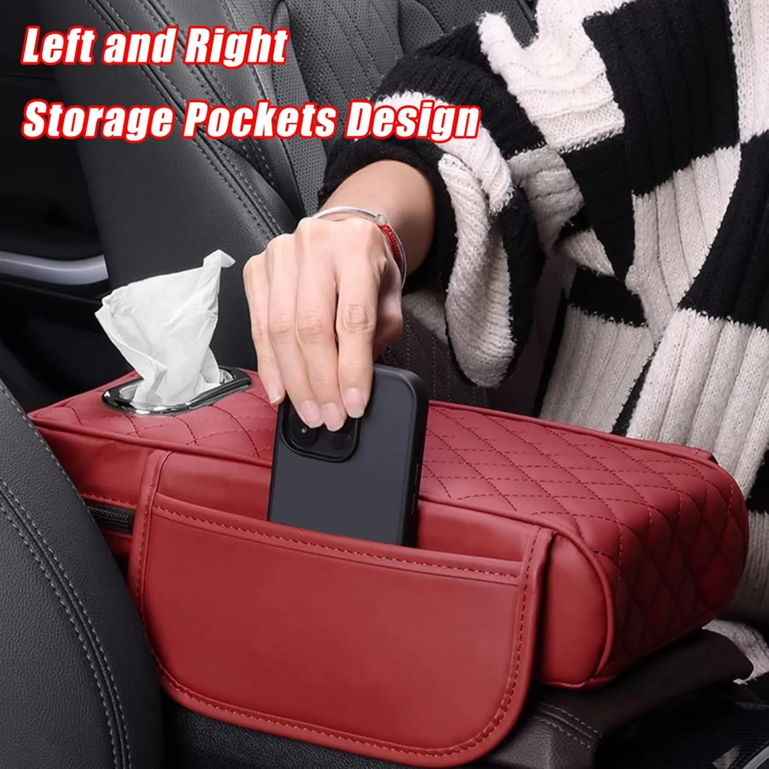 Car Center Console Cover for Renault Scenic/Grand Scénic/Xmod IV III II I J9 R9 JZ JM JA, Leather Car Armrest Cover with Tissue Box, Center Console Armrest Cushion,F Red