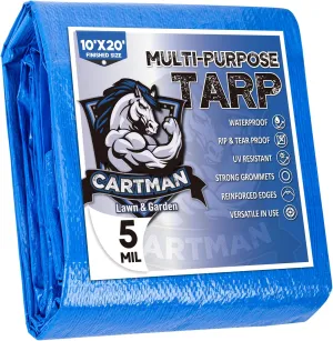 CARTMAN Finished Size 10x20 Feet Blue Poly Tarp 5 Mil Thick, Multipurpose Protective Cover for Camping, Tent, Boat, RV, Car