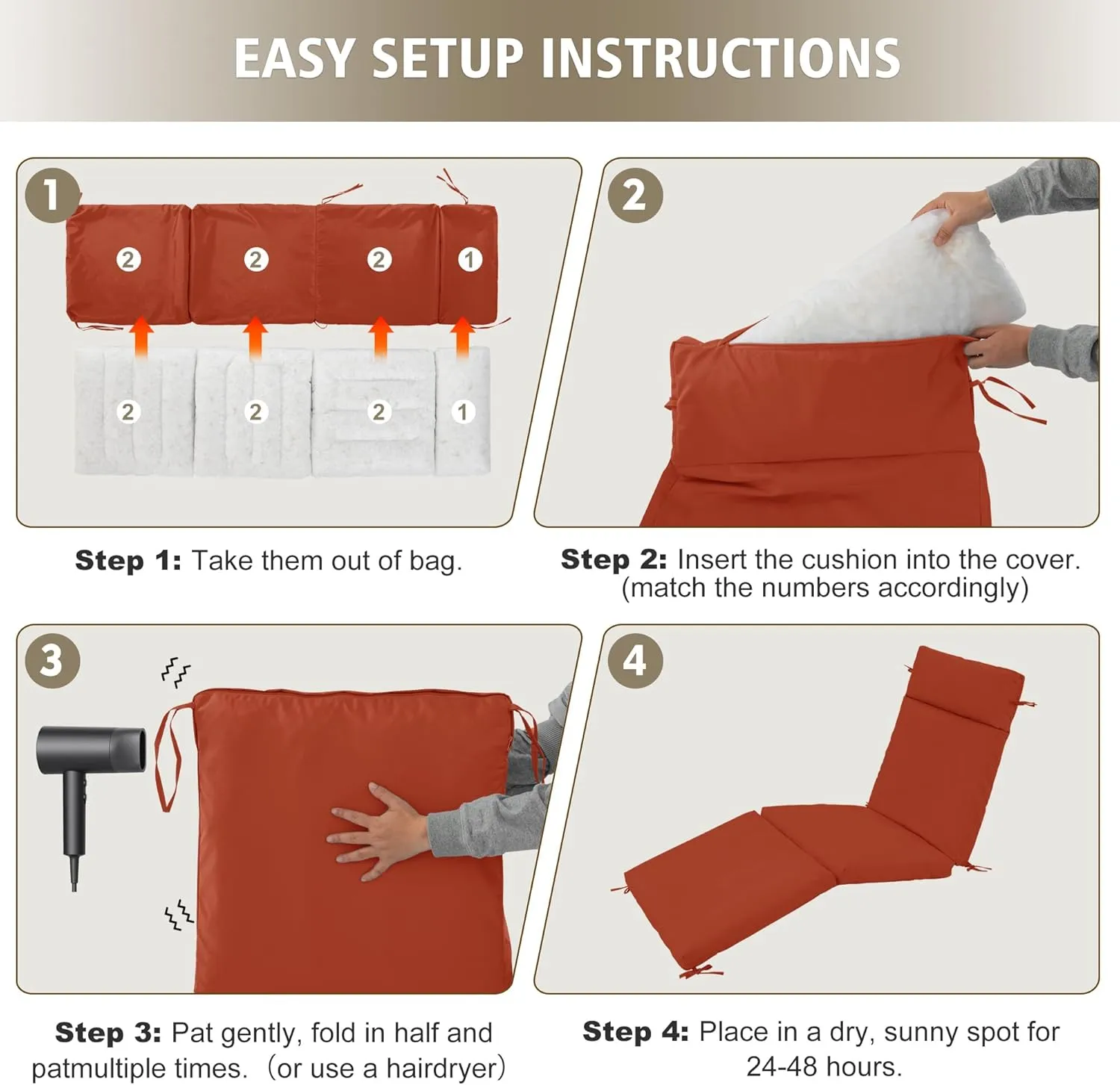 Chaise Lounge Cushion 72x21x3 Inch ?Set of 2 Outdoor Lounge Chair Cushions, Lounger Pad Replacement with Fade-Resistant, Removable & Machine-Washable Covers, Ideal for Patio Chaise Chairs, Rust