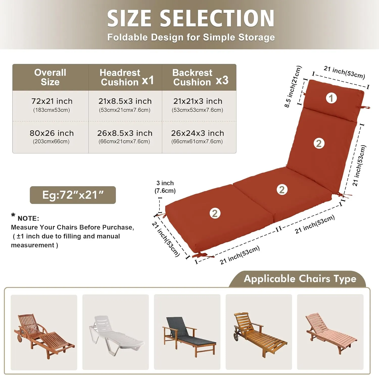 Chaise Lounge Cushion 72x21x3 Inch ?Set of 2 Outdoor Lounge Chair Cushions, Lounger Pad Replacement with Fade-Resistant, Removable & Machine-Washable Covers, Ideal for Patio Chaise Chairs, Rust