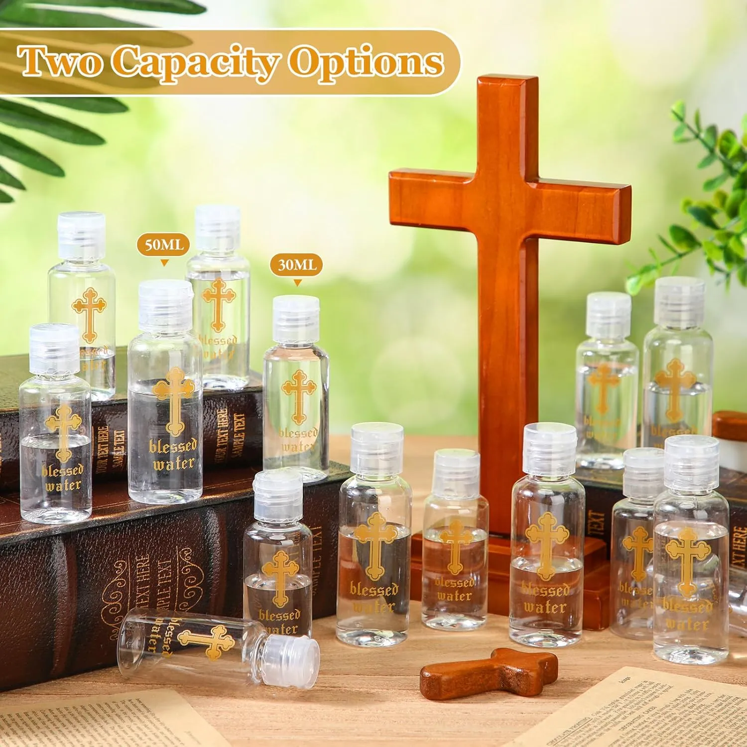 Chuangdi 50 Pcs Holy Water Bottles Baptism Party Favor Transparent Holy Water Empty Containers with Golden Catholic Cross First Communion Gift for Guests Christian Thanksgiving Church (30 ml)