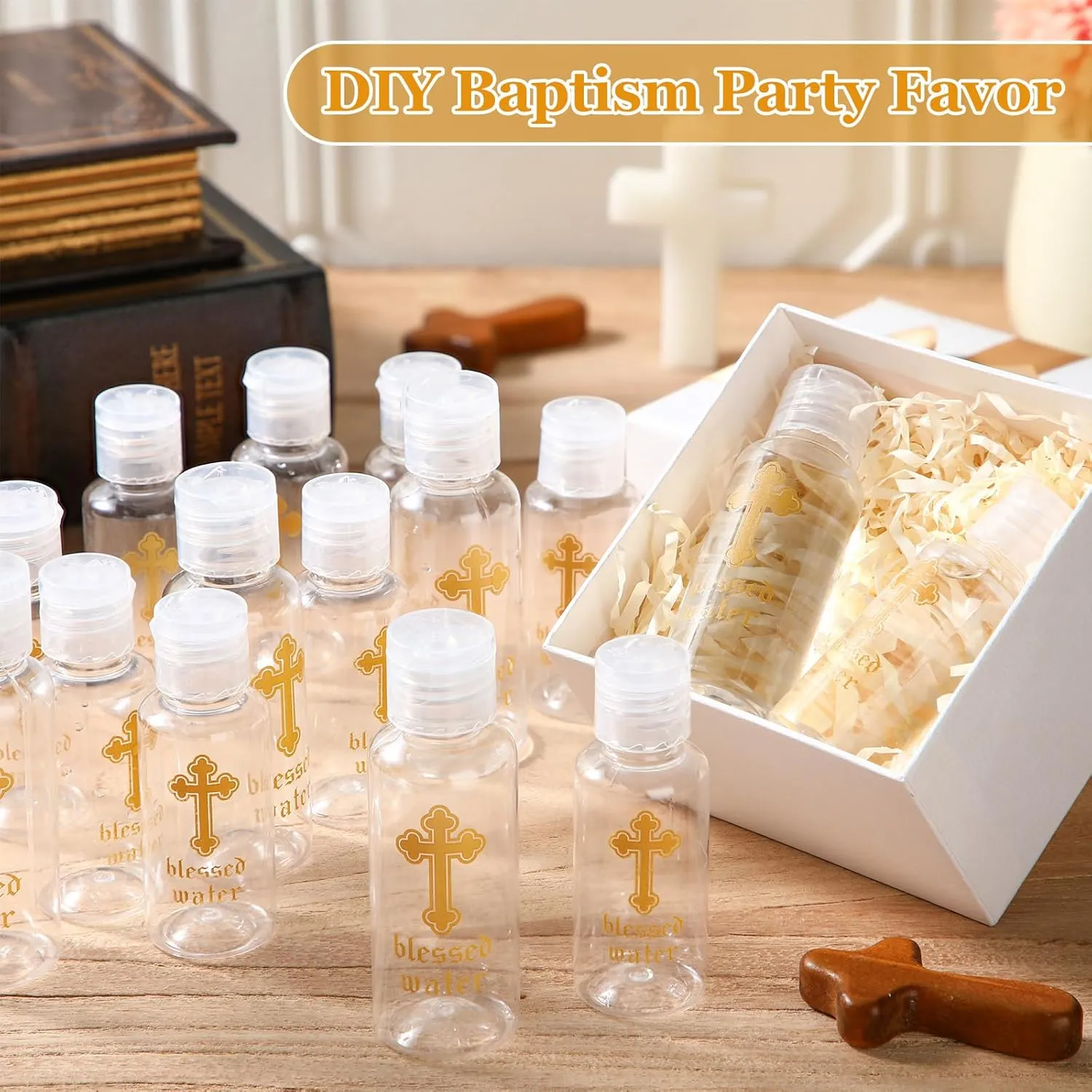 Chuangdi 50 Pcs Holy Water Bottles Baptism Party Favor Transparent Holy Water Empty Containers with Golden Catholic Cross First Communion Gift for Guests Christian Thanksgiving Church (30 ml)