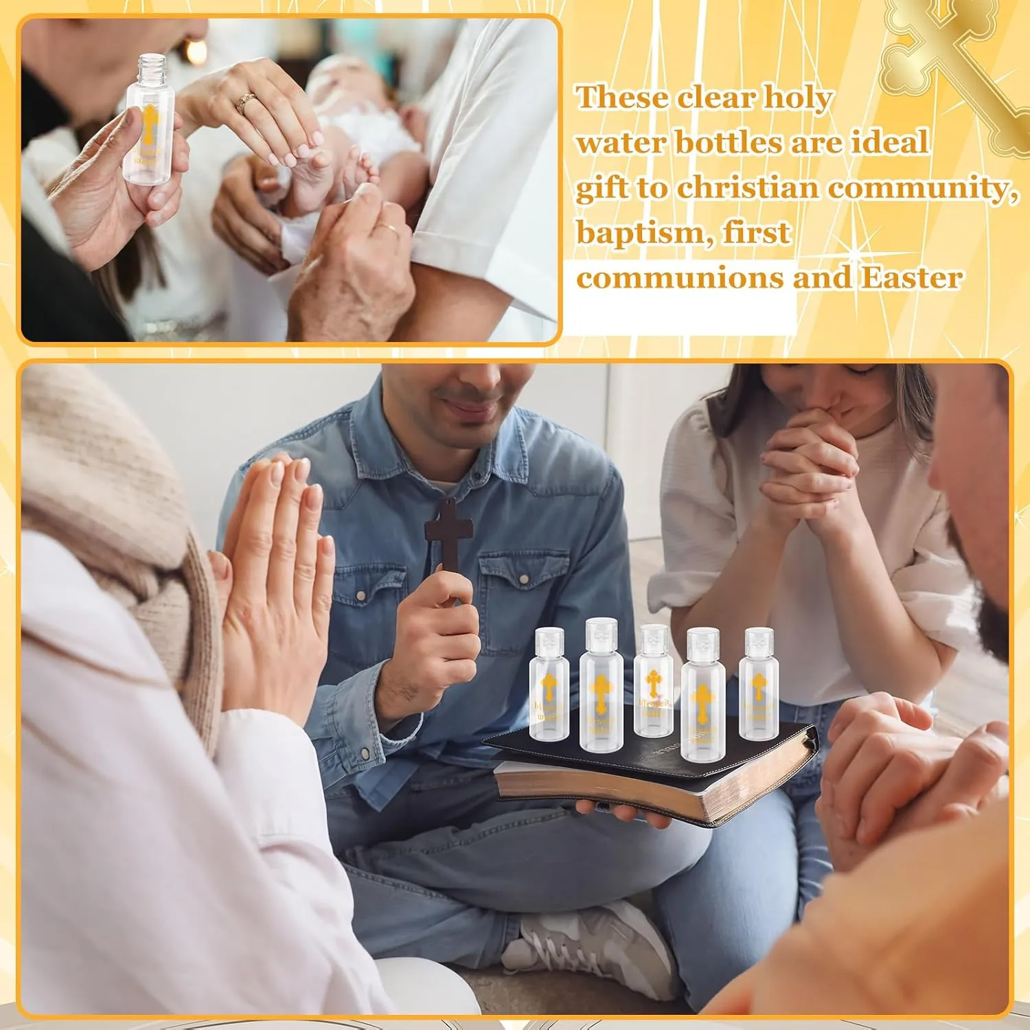 Chuangdi 50 Pcs Holy Water Bottles Baptism Party Favor Transparent Holy Water Empty Containers with Golden Catholic Cross First Communion Gift for Guests Christian Thanksgiving Church (30 ml)