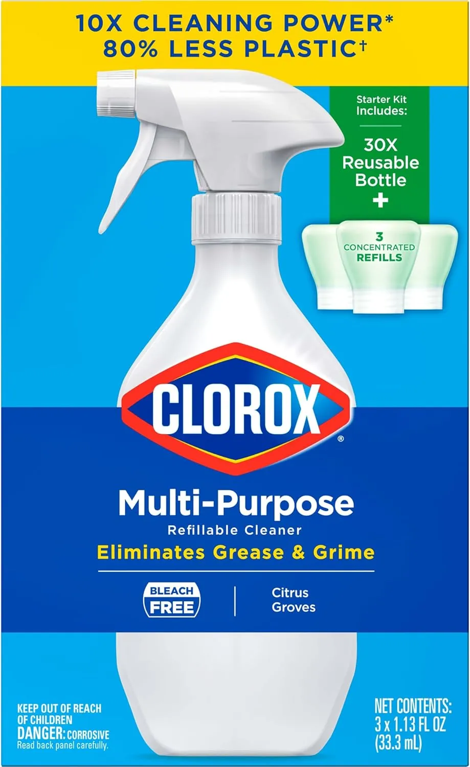 Clorox Multi-Purpose Spray Starter Kit 3x1.125fo, Household Essentials, Concentrated Refill   20fo Spray Bottle