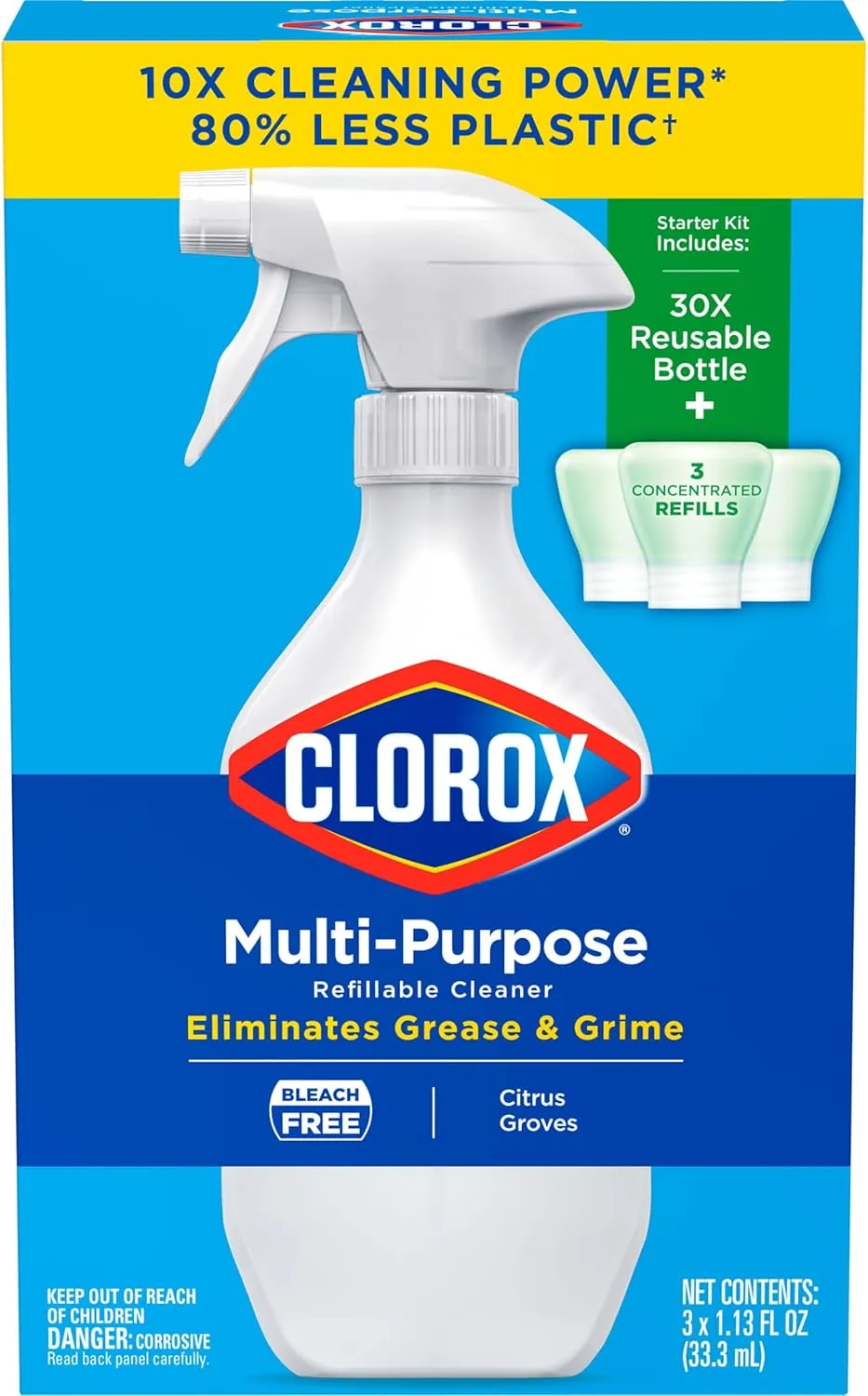 Clorox Multi-Purpose Spray Starter Kit 3x1.125fo, Household Essentials, Concentrated Refill   20fo Spray Bottle