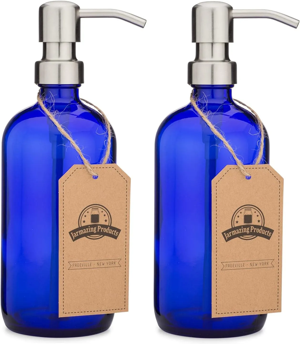 Cobalt Blue Glass Pint Jar Soap and Lotion Dispenser with Metal Pump - 16 Ounce - (Stainless Steel, 2)
