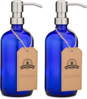 Cobalt Blue Glass Pint Jar Soap and Lotion Dispenser with Metal Pump - 16 Ounce - (Stainless Steel, 2)