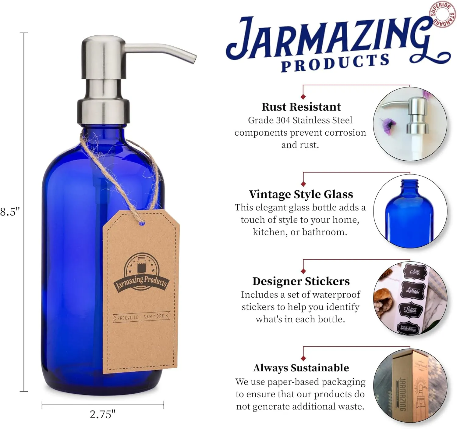 Cobalt Blue Glass Pint Jar Soap and Lotion Dispenser with Metal Pump - 16 Ounce - (Stainless Steel, 2)