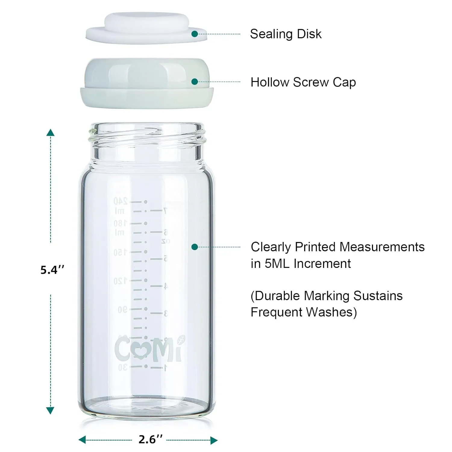 COMI Wide Neck Glass Breastmilk Collection n Storage Bottle, 8oz with Screw Ring Sealing Disk; Re-markable Sealing Disc. BPA Free, Fits Breast Pumps & Nipples (6 Gray Lids)