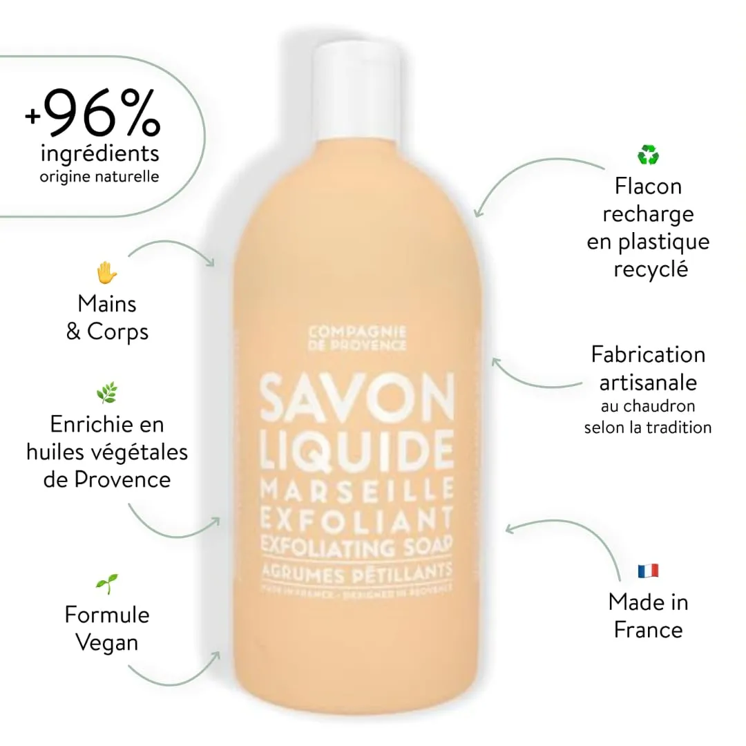 Compagnie de Provence Savon de Marseille Extra Pure Liquid Soap - Sparkling Citrus Exfoliating - 33.8 Fl Oz Plastic Bottle Refill
