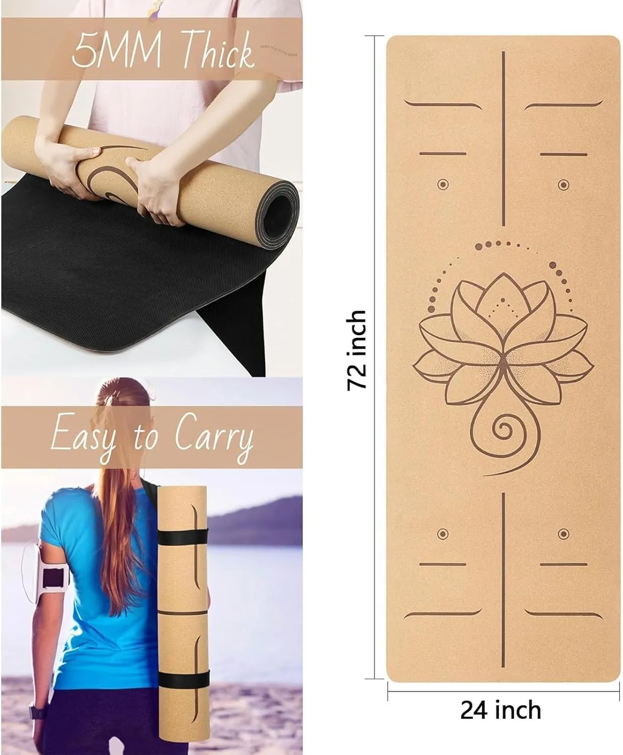 Cork Yoga Mat, Sweatproof NonSlip, Lightweight TPE foam, for Hot Yoga Pilates Gym