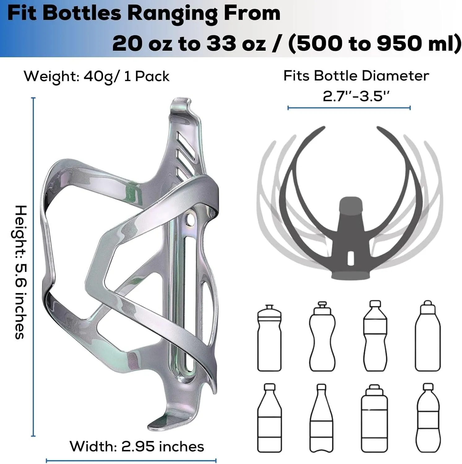 Corki Cycles Heavy Duty Bike Water Bottle Holder, Lightweight Aluminum Cage Shockproof Design for Road Mountain Gravel Bikes, Holds 21-32 oz, 1-Pack Iridescent Silver