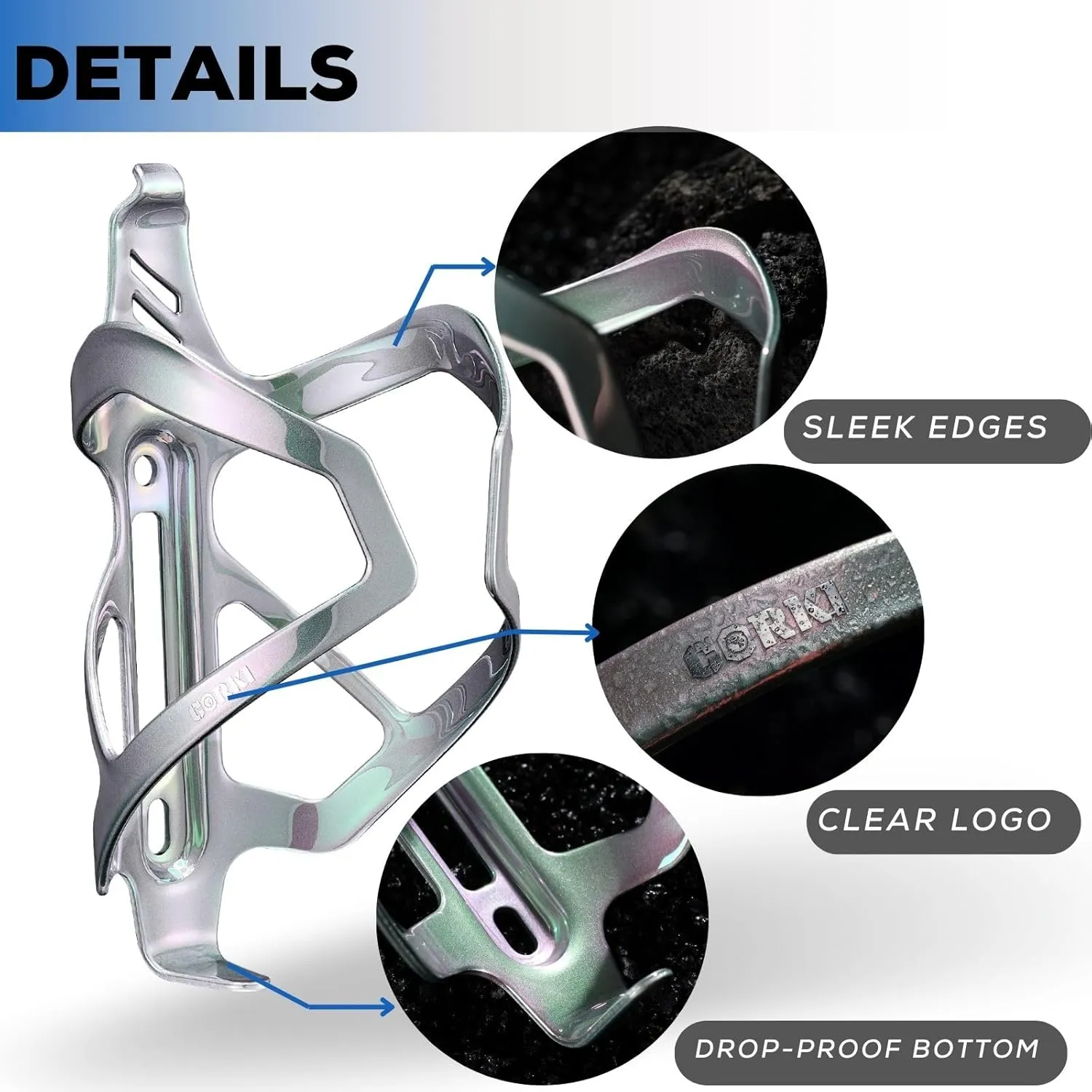 Corki Cycles Heavy Duty Bike Water Bottle Holder, Lightweight Aluminum Cage Shockproof Design for Road Mountain Gravel Bikes, Holds 21-32 oz, 1-Pack Iridescent Silver