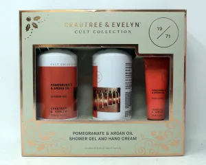 Crabtree & Evelyn Pomegranate & Argan Oil Shower Gel 8.4 FL OZ and Hand Cream .8 FL OZ 3-Pack Plus Micro Fiber Cleaning Cloth