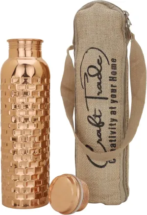Craft Trade Diamond Pure Copper Bottle with Lid and Carry Bag for Drinking Water BPA Free Leak Proof Boosts Immunity, Supports Digestive & Liver Health, Ayurveda Inspired 34oz - 1 Litre Natural