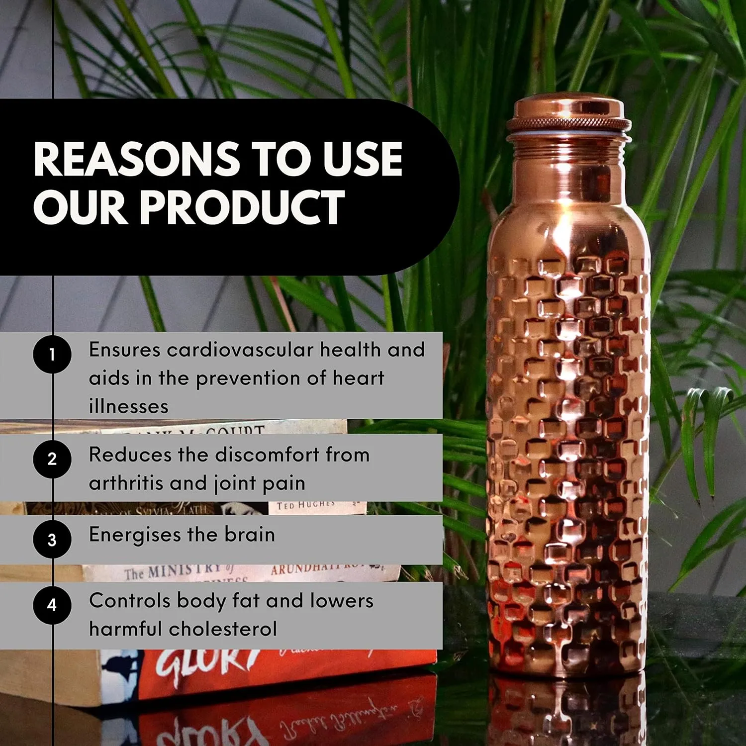 Craft Trade Diamond Pure Copper Bottle with Lid and Carry Bag for Drinking Water BPA Free Leak Proof Boosts Immunity, Supports Digestive & Liver Health, Ayurveda Inspired 34oz - 1 Litre Natural