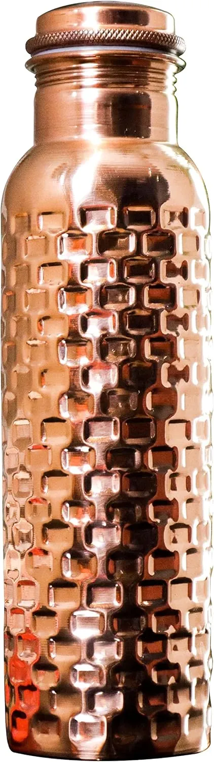 Craft Trade Diamond Pure Copper Bottle with Lid and Carry Bag for Drinking Water BPA Free Leak Proof Boosts Immunity, Supports Digestive & Liver Health, Ayurveda Inspired 34oz - 1 Litre Natural