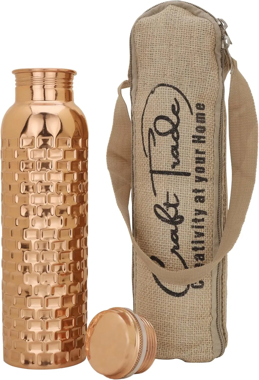 Craft Trade Diamond Pure Copper Bottle with Lid and Carry Bag for Drinking Water BPA Free Leak Proof Boosts Immunity, Supports Digestive & Liver Health, Ayurveda Inspired 34oz - 1 Litre Natural