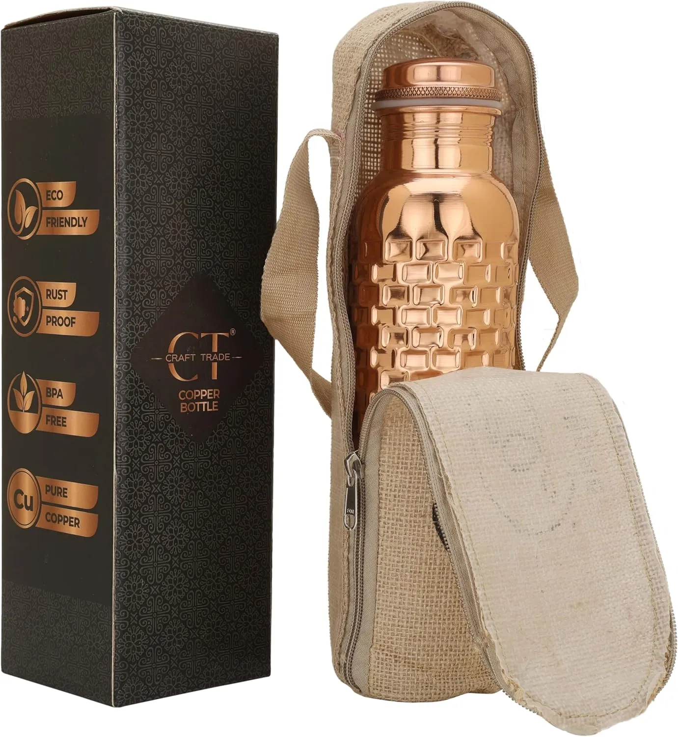 Craft Trade Diamond Pure Copper Bottle with Lid and Carry Bag for Drinking Water BPA Free Leak Proof Boosts Immunity, Supports Digestive & Liver Health, Ayurveda Inspired 34oz - 1 Litre Natural
