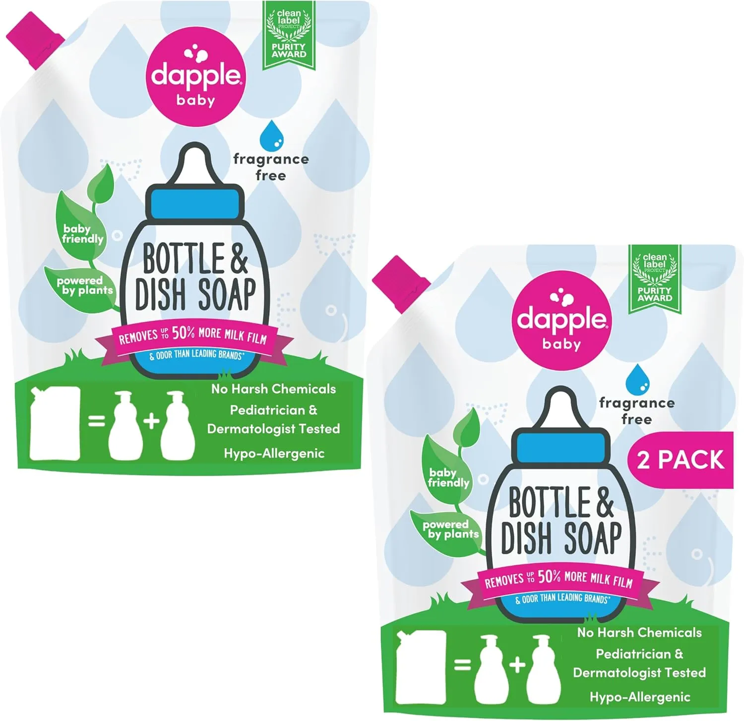 Dapple Baby Bottle Soap, Hypoallergenic Dish Soap for Baby Bottles, Powered by Plants, Fragrance Free, 34 Fl Oz (Pack of 2)