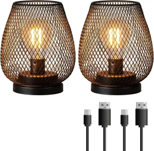 DECORKEY Set of 2 Rechargeable LED Table Lantern, Brown Metal Cage Cordless Lamps with LED Bulb，Vintage Decorative Outdoor Lantern for Weddings, Parties, Patio, Events for Indoors Shelf Decor