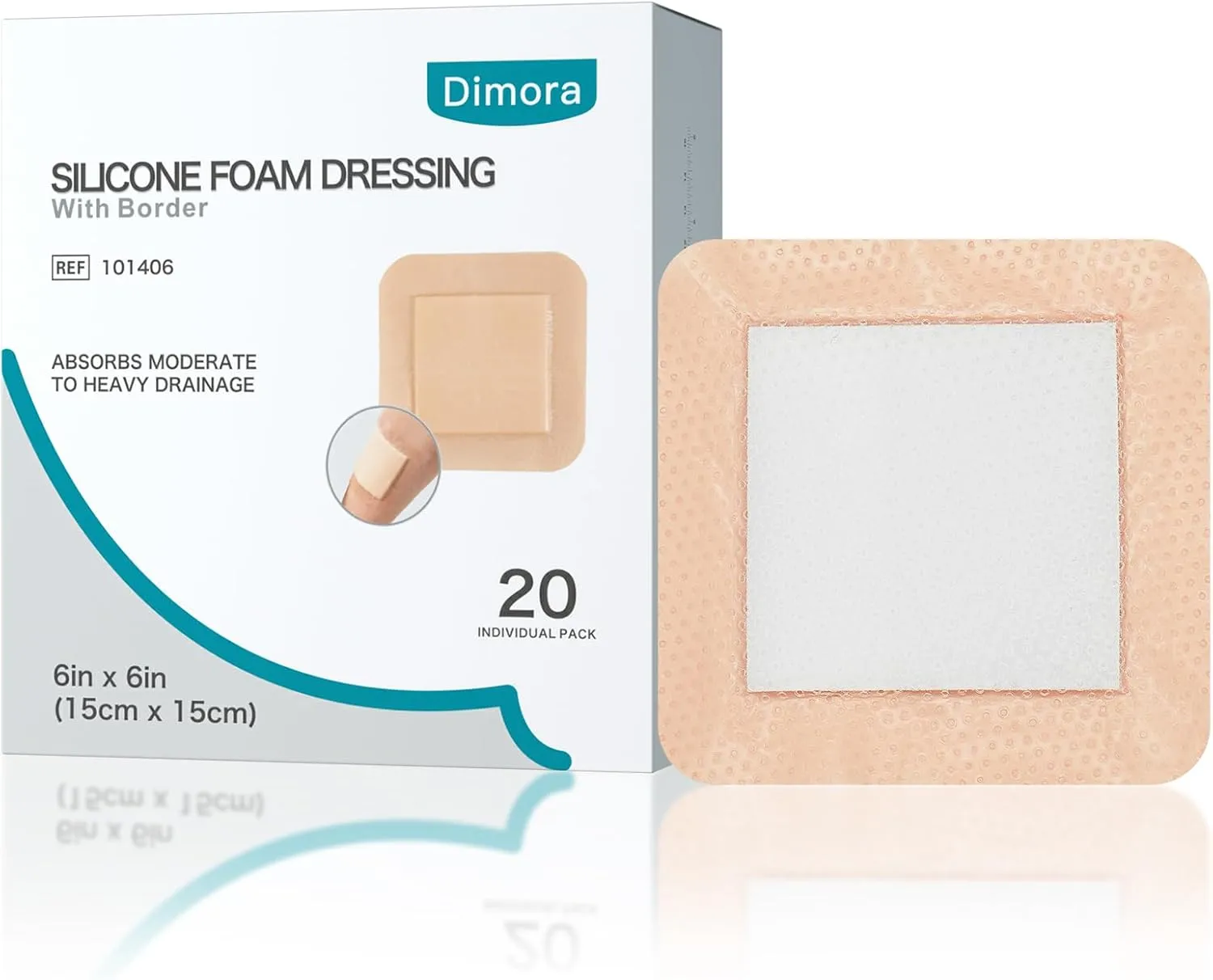 Dimora Silicone Foam Dressing with Border Adhesive 6"x6" Waterproof Wound Dressing Bandage for Wound Care 20 Pack