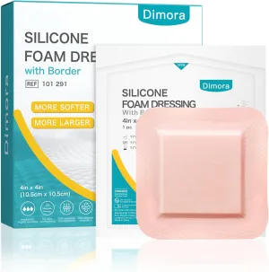 Dimora Ultra Soft Silicone Foam Dressing 4"x4" (10 Pack)- Super Absorbent Wound Dressing with Widened Border, Adhesive Foam Bandages for Bed Sores, Ulcer, Surgical Wound, FSA/HSA Eligible