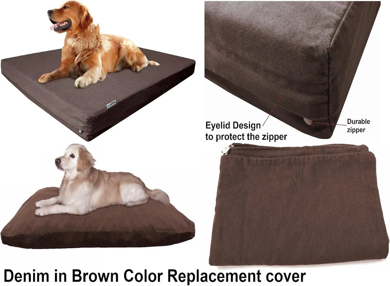 Dogbed4less 55X47X4 Inches Heavy Duty Brown Color Denim Jean Dog Pet Bed External Zipper Cover - Replacement Cover only