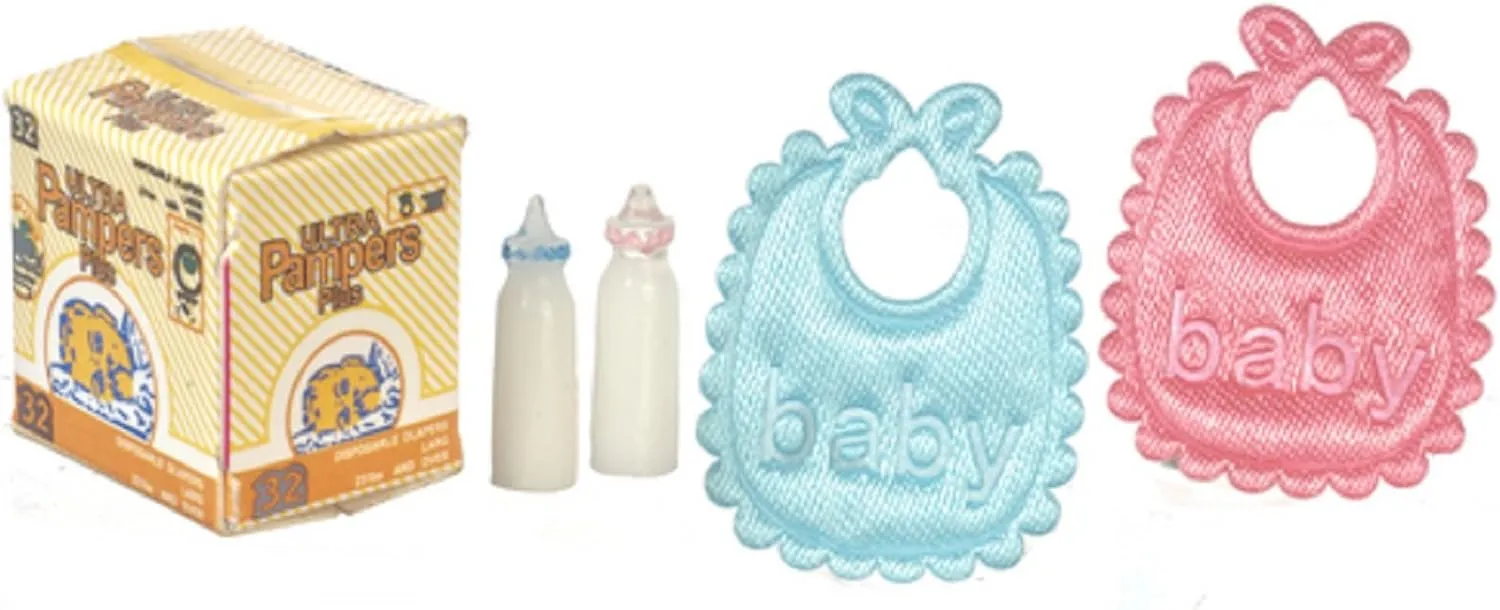 Dollhouse Miniature Nursery Accessory Set Baby Girl Boy Bibs Bottles Nappy Box