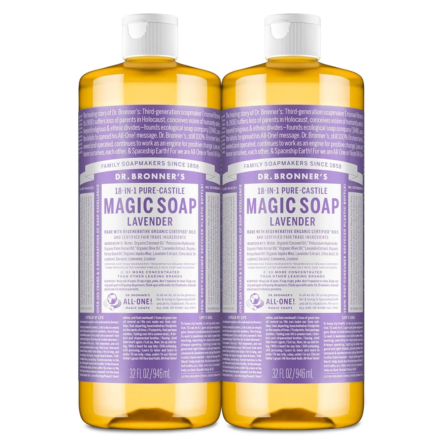 Dr. Bronner's Magic Soap - Pure-Castile Liquid Soap (Lavender, 32 ounce, 2-Pack) -Regenerative Organic Certified Oils, 18-in-1 Uses: Body, Hair, Laundry, Pets & Dishes, Concentrated, Vegan, Non-GMO