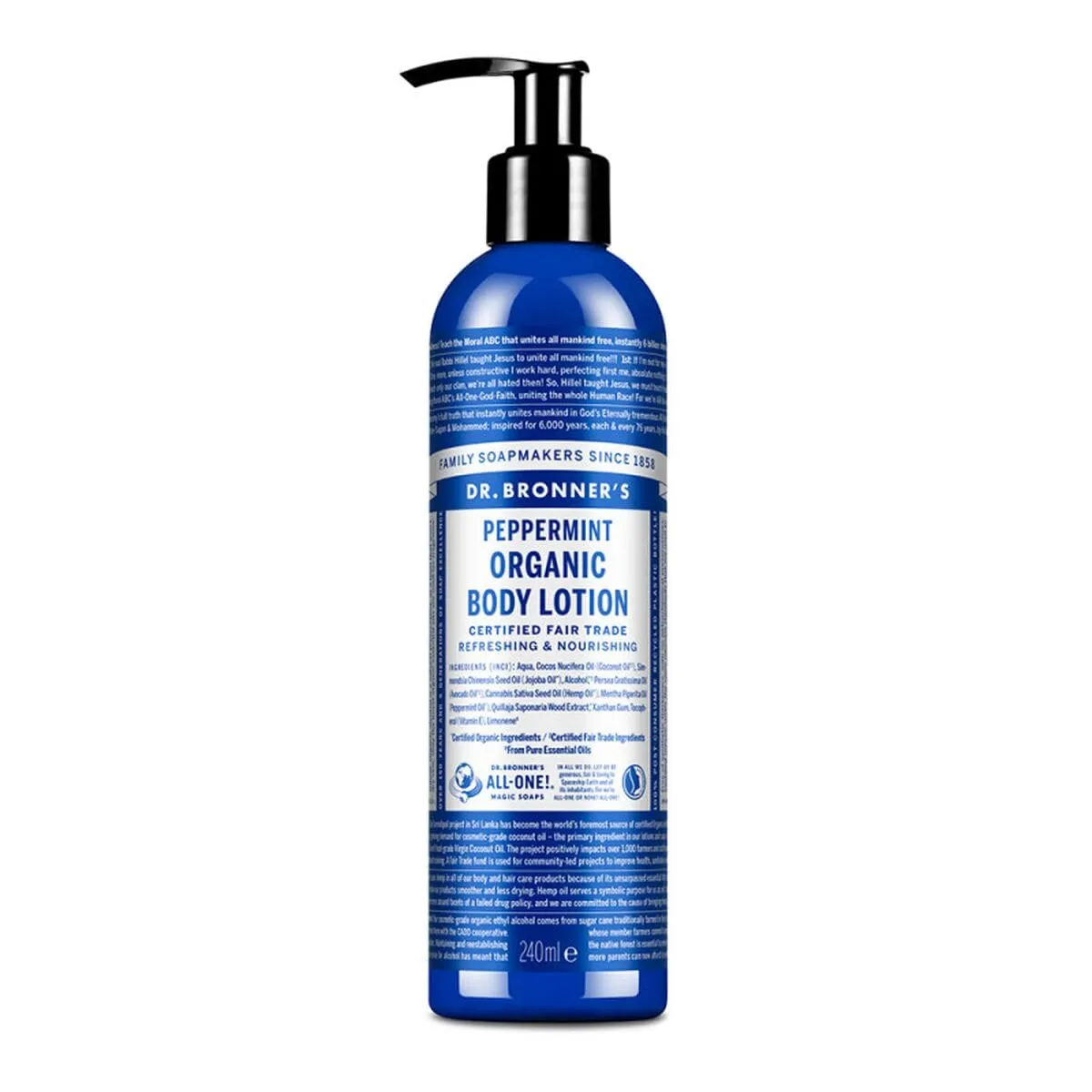 Dr. Bronner's Organic Peppermint Hand and Body Lotion, Made with Organic Oils, Used for Face and Body, Certified Fair Trade & Vegan Friendly, 236ml Recycled Bottle